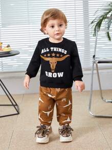 SHEIN Baby Boys' Cartoon Animal Patterned Sweater And Jogger Pants Two Piece Set With Round Neck And Regular Shoulder - Black - View 4