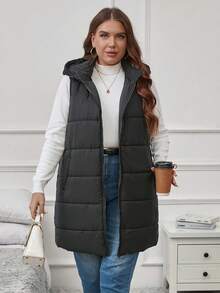 SHEIN LUNE Plus Slant Pockets Hooded Vest Padded Coat - Black - View 4