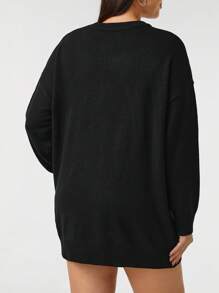 SHEIN EZwear Plus Size Letter Pattern Drop Shoulder Sweater - Black and White - View 2