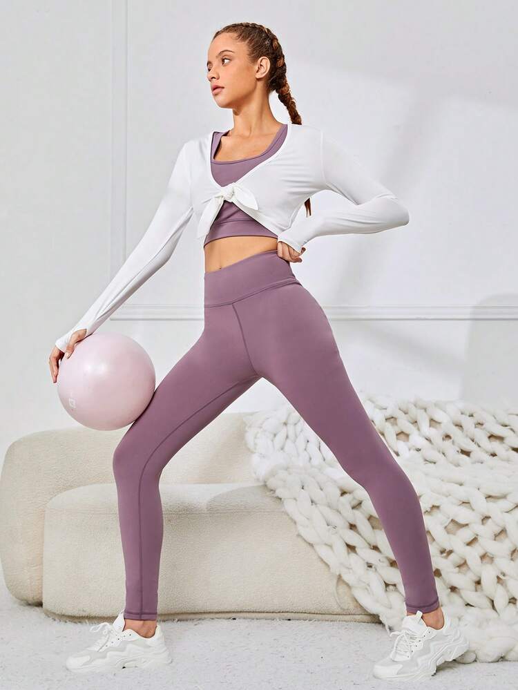 Female Teenagers' Knitted Knotted T-shirt Vest And Trousers Sports Three-piece Set