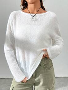 SHEIN EZwear Women's Solid Color Drop Shoulder T-shirt - White - View 5