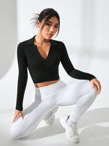 Easithlete 女性純色短款運動t恤 - 黑色 - 查看 4