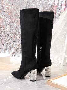 Women's Elegant Pointed Toe, Metallic Shiny Chunky High Heel Over The Knee Boots For Party, Winter(black) - Black - View 5