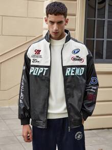 Chaqueta de carreras con bordado de letras en bloques de color para hombres - Blanco y Negro - Ver 3