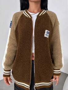 EURMUSE 女士字母拼接拉鍊棒球外套 - 棕色 - 查看 4