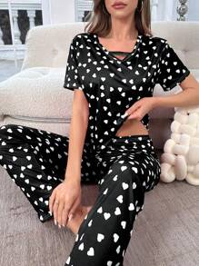 女士心形印花短袖長褲睡衣套裝 - 彩色 - 查看 3