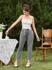 SHEIN PETITE High Waist Washed Tapered Jeans - Grey - View 5