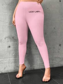 Flirla 加大尺碼字母印花高腰打底褲 - 粉色 - 查看 4