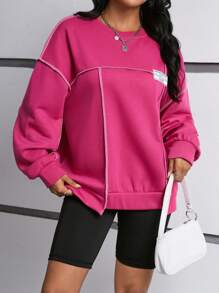 SHEIN EZwear Áo nỉ lót nhiệt dáng rộng dành cho nữ có chi tiết vá, vai trễ và đường may hở - Màu Hồng Tươi - Xem 4