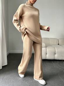EURMUSE 女款羅紋針織毛衣針織長褲套裝 - 卡其色 - 查看 2