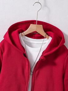 青少年男孩基本款純色連帽拉鍊衫,多功能設計 - 酒紅色 - 查看 4