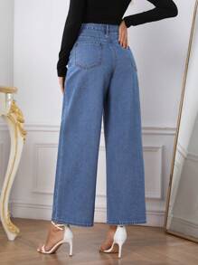 SHEIN Privé 女式闊腿牛仔褲 - 深色水洗藍 - 查看 2