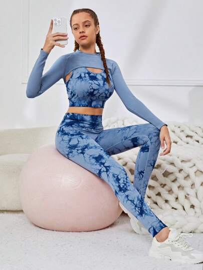 SHEIN 少女款無縫純色t恤和染色背心和打底褲三件套運動套裝