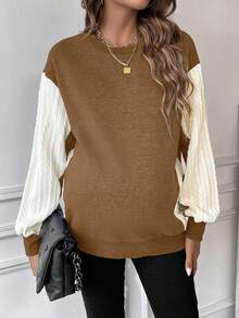 SHEIN Pregnant Women's Color-blocking Drop Shoulder Sweatshirt - Coffee Brown - View 3
