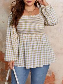 SHEIN Franclia Kích thước lớn Cổ áo vuông Tay áo lồng đèn Áo sơ mi - Màu Khaki - Xem 1