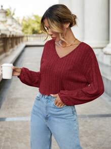 SHEIN Essnce Của phụ nữ Cổ chữ V Thả vai Đan Áo thun - Đỏ - Xem 5