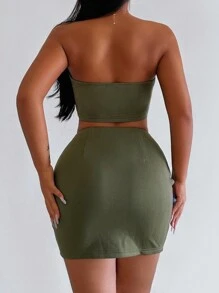 Allurite Của phụ nữ Áo không dây Và Dây kéo mặt trước Váy 2 Miếng Bộ - xanh quân đội - Xem 2