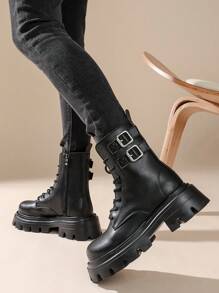 Women Casual Lace-Up Black Boots, Versatile, Lightweight, Comfortable And Convenient For Outdoor Wear