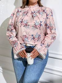 SHEIN Clasi Kích thước lớn In hoa Nếp uốn Vòng cổ Và Tay áo chuông Áo sơ mi - Hồng - Xem 3