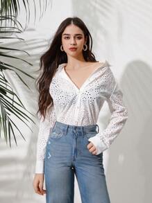 Aveloria Women's Button Down Long Sleeve Shirt With Hollow Out Embroidered Detail - White - View 1