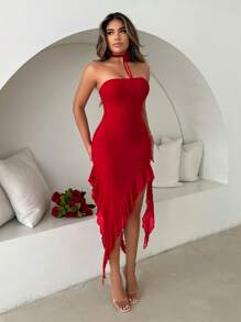 SHEIN SXY Party Lovers Date Dress, Red Mesh Material, With Detachable 3d Floral Collar, Graceful Ruffle Hem Strapless Dress Flamenco Fall Dress - Red - View 5