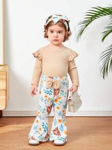 SHEIN 寶寶女孩動物和花卉印花t卹和喇叭褲套裝 - 杏色 - 查看 6