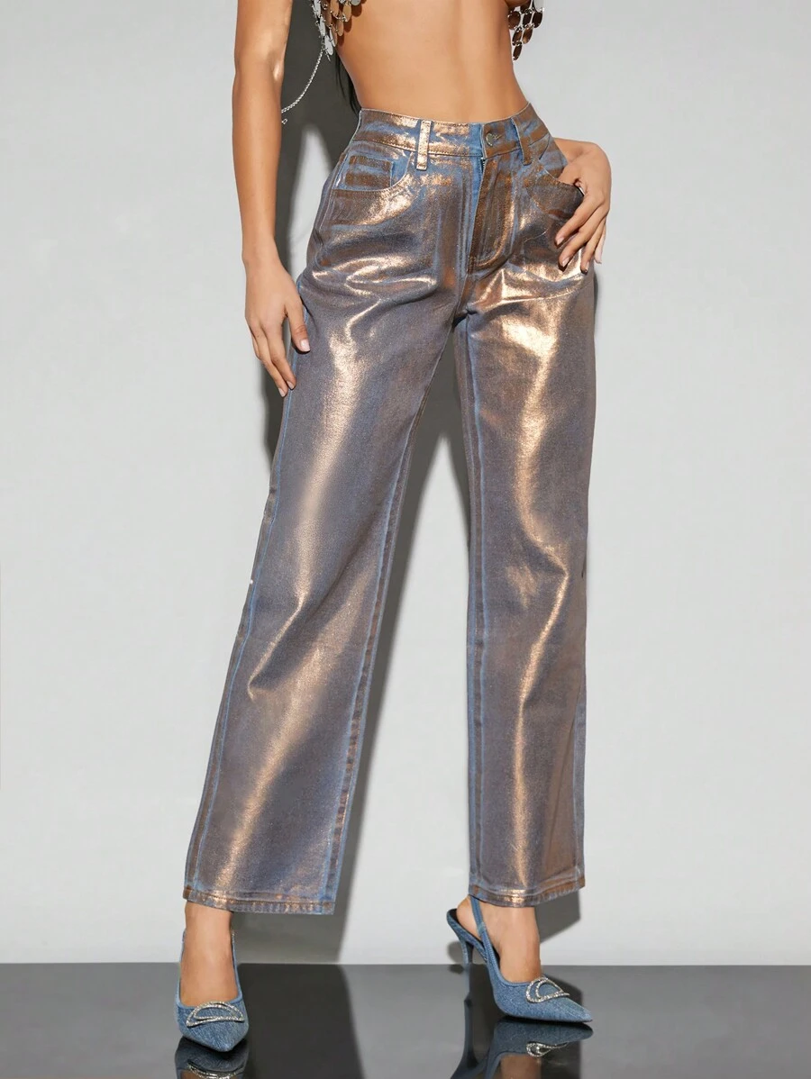 SHEIN BAE 金属色女士宽松直筒牛仔裤，适合西式装扮、圣诞派对、新年夜等场合。 - 金色 - 查看 1