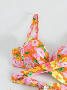 SHEIN Swim Ensemble de bikini à fleurs à volants avec croisement - Multicolore - Voir 7