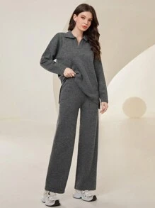 Mulvari Gray Slit Sweater Two-piece Set - Grey - View 4