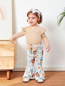 SHEIN 寶寶女孩動物和花卉印花t卹和喇叭褲套裝 - 杏色 - 查看 4