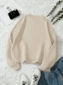 INAWLY Plus Size Women's Fleece Sweatshirt With Slogan Print Pullover Fall Outfit - Khaki - View 2