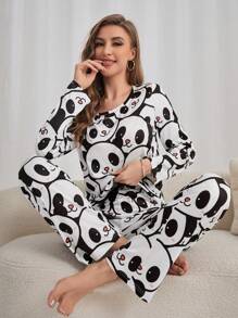 Panda Print Women Crew Neck Long Sleeve Top And Pants Pajama Set, Winter Clothes - Black and White - View 3