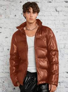 Manfinity VCAY Loose Fit Men's Casual PU Leather Warm Jacket, For Fall Winter