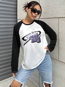 SHEIN Unity 女款字母印花撞色插肩袖 T 卹 - 白色 - 查看 3