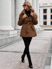 SHEIN Clasi Women's Solid Color Belted Padded Coat - Brown - View 3