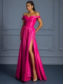 Off Shoulder Tách đùi Ăn mặc trang trọng - Đỏ - Xem 4