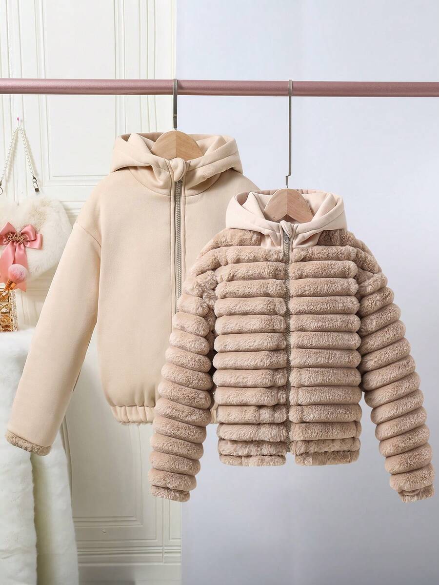 SHEIN Cô gái Sang trọng Tính hai mặt áo có mũ Dây kéo Áo khoác , Hai mặt Mặc - Màu Khaki - Xem 1