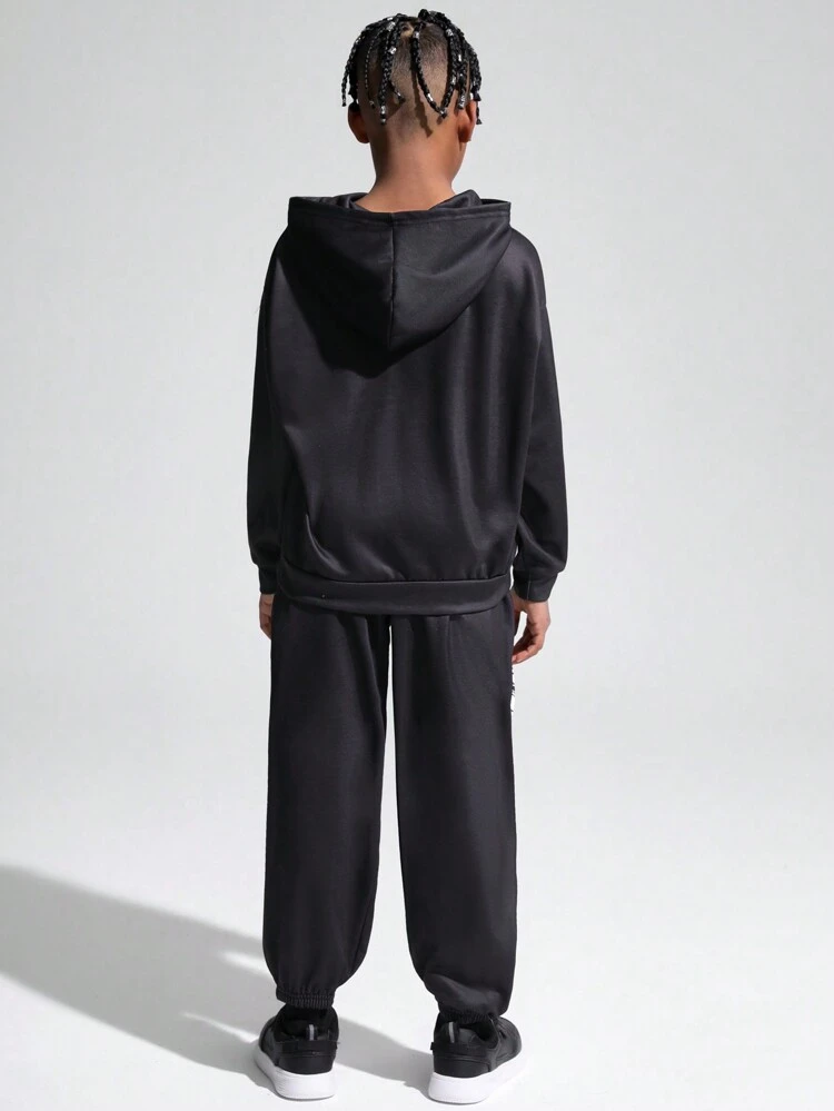 2pcs Tween Boys Casual Feather Print Hooded Sweatshirt And Pants Knitted Thickened Fleece Set
