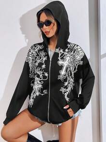 Của phụ nữ Retro Cánh & Vượt qua In Dây kéo phía trước Hoodie - màu đen - Xem 3