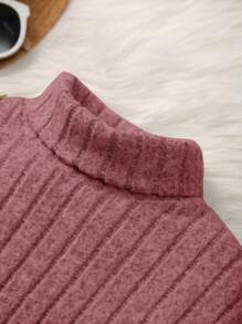 SHEIN 適用於街頭的Tween女孩簡約純色針織半高領長袖連身裙帶腰帶