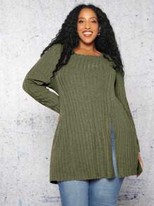 SHEIN CURVE+ Plus Size Women's Split Hem Longline Distressed T-shirt - Army Green - View 1