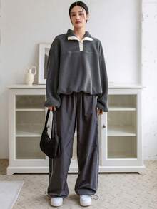 DAZY Khối màu Teddy Nút Nửa Áo nỉ Với Tương phản Màu sắc - Xám - Xem 5