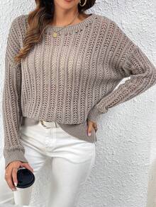 SHEIN LUNE 女士空心針織下垂肩毛衣 - 卡其色 - 查看 4