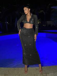 SHEIN SXY Women's Glitter Party Date Long Skirt & Suit Set - Black - View 6