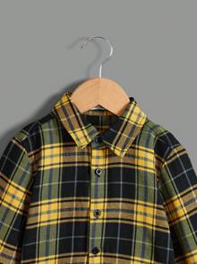 SHEIN 年輕男孩休閒鬆身,頭骨圖案格紋長袖襯衫,背面設計 - 彩色 - 查看 3