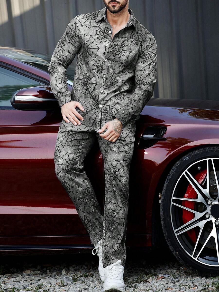 Manfinity LEGND Men's Spider Web Print Shirt And Pants Set - Multicolor - View 1