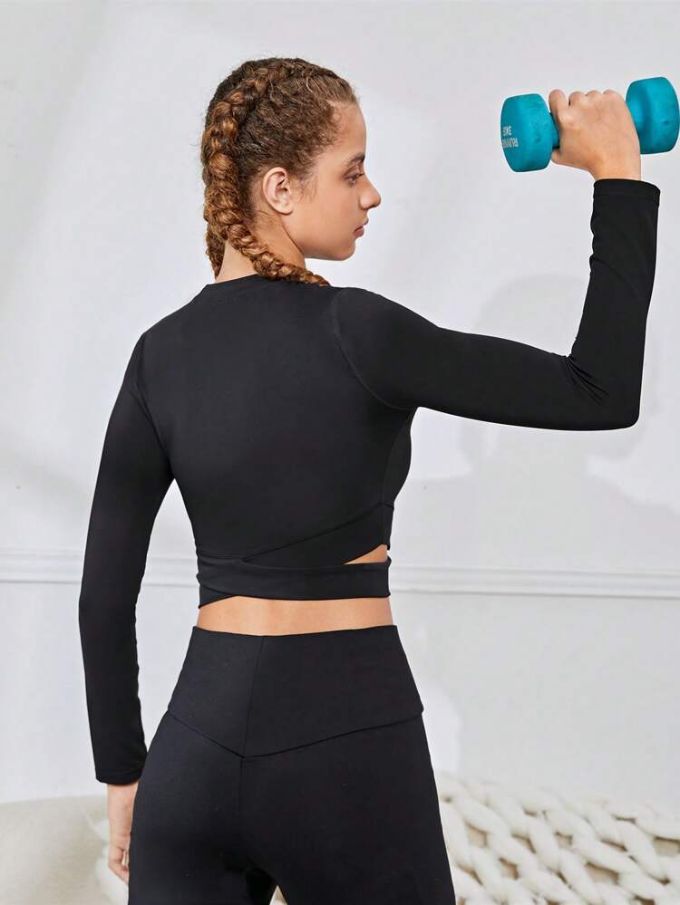Teen Girls' Knit Solid Color Criss-cross Waist Athletic Top