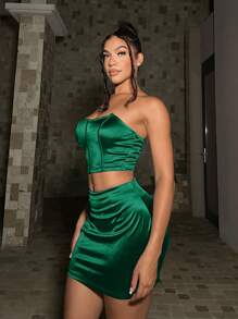 SHEIN SXY Satin Crop Top & Skirt Set - Dark Green - View 5