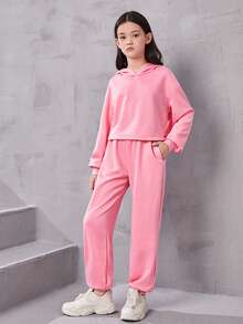 SHEIN Toddler Girls' Knit Round Neck Long Sleeve Hooded Sweatshirt And Pants Set For Casual Wear - Baby Pink - View 4