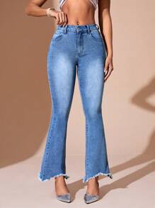 SHEIN BAE Women's Vintage Style Washed Flared Jeans With Slanted Pockets And Raw Hem - Medium Wash - View 3